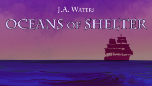 The header of the Oceans of Shelter fiction collection. A ship on the horizon of an ocean.